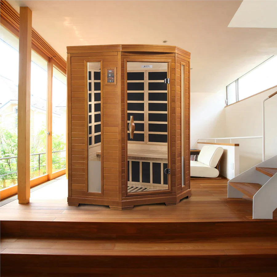 DYNAMIC SAUNAS HEMING ELITE 2-PERSON CORNER ULTRA LOW EMF (UNDER 3MG) FAR INFRARED SAUNA (CANADIAN HEMLOCK)