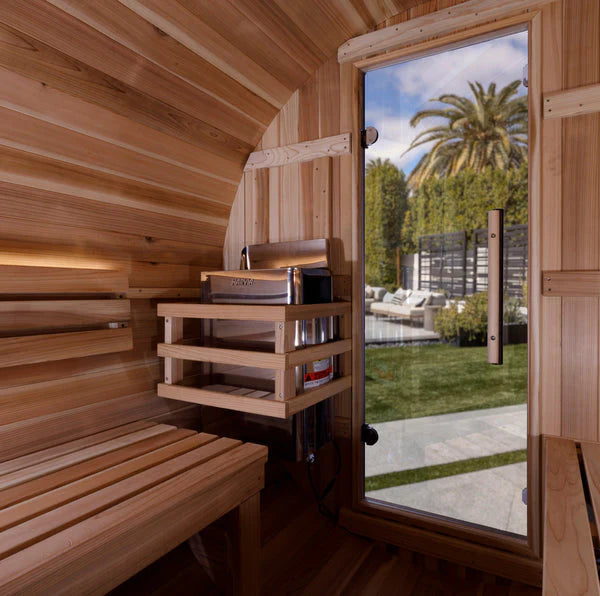 GOLDEN DESIGNS "ZURICH" 4 PERSON BARREL WITH BRONZE PRIVACY VIEW - TRADITIONAL SAUNA - PACIFIC CEDAR