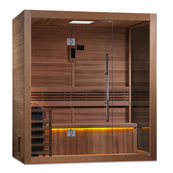 GOLDEN DESIGNS "FORSSA EDITION" 3-4 PERSON TRADITIONAL STEAM SAUNA CANADIAN RED CEDAR INTERIOR