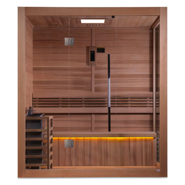 GOLDEN DESIGNS "FORSSA EDITION" 3-4 PERSON TRADITIONAL STEAM SAUNA CANADIAN RED CEDAR INTERIOR