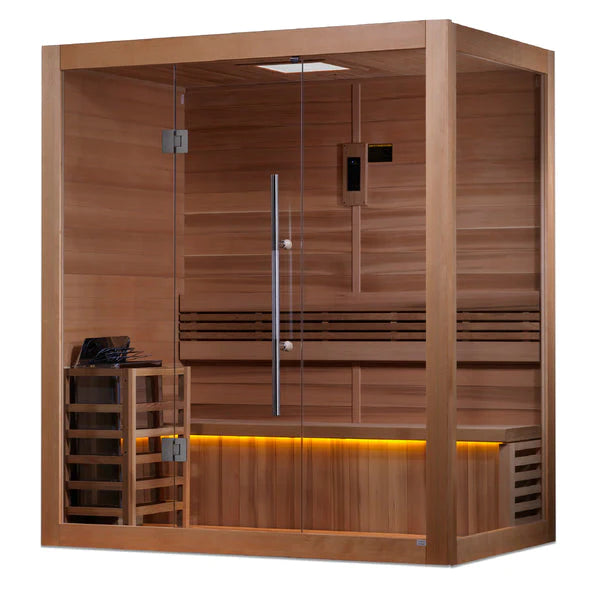 GOLDEN DESIGNS "FORSSA EDITION" 3-4 PERSON TRADITIONAL STEAM SAUNA CANADIAN RED CEDAR INTERIOR