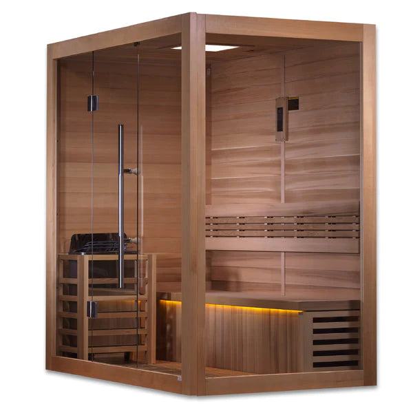 GOLDEN DESIGNS "FORSSA EDITION" 3-4 PERSON TRADITIONAL STEAM SAUNA CANADIAN RED CEDAR INTERIOR