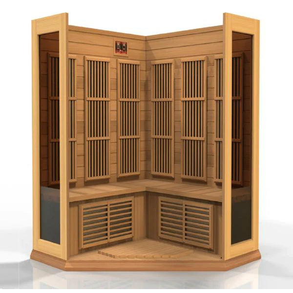 GOLDEN DESIGNS MAXXUS 3-PERSON CORNER LOW EMF (UNDER 8MG) FAR INFRARED SAUNA (CANADIAN RED CEDAR)