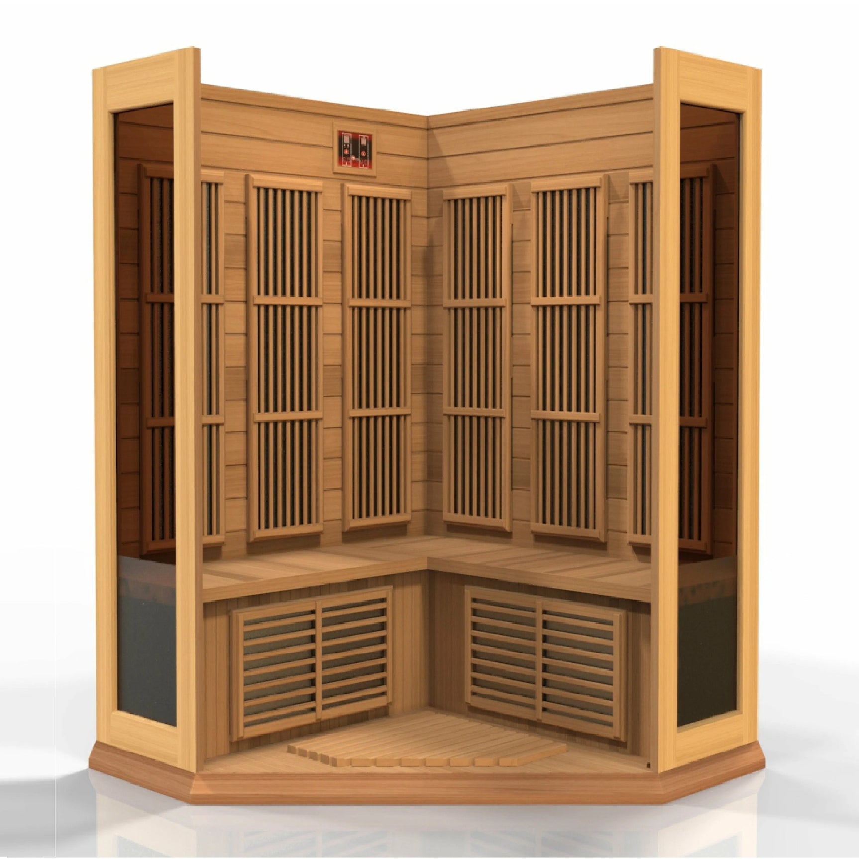 GOLDEN DESIGNS MAXXUS 3-PERSON CORNER NEAR ZERO EMF (UNDER 2MG) FAR INFRARED SAUNA (CANADIAN RED CEDAR)